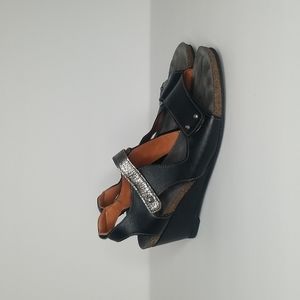 Taos Black Leather Textured Pewter Strappy Wedge Sandals